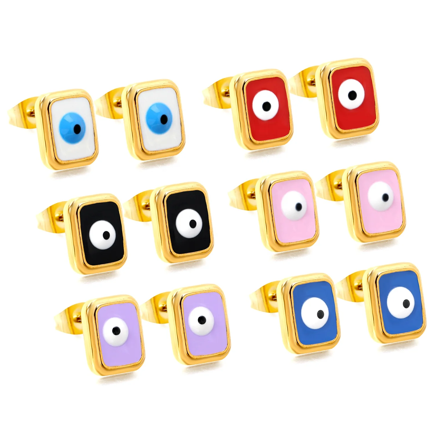 Custom Gold Plated Enamel Earrings Stainless Steel White Eyelet Color Base Oil Drop Rectangle Stud Earrings Cute Kids Earrings