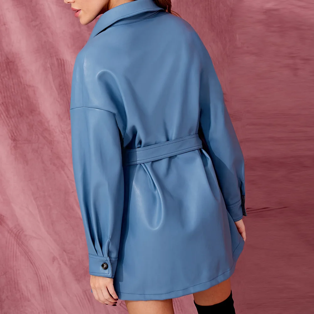 
Womans clothing new pu leather fashion mini a-line dress with belted 