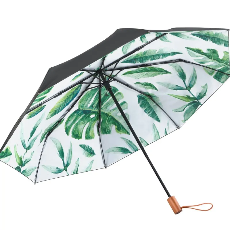 best hot sale green palms leaves printing raines umbrella wooden handle Manual 3 fold umbrella for gift