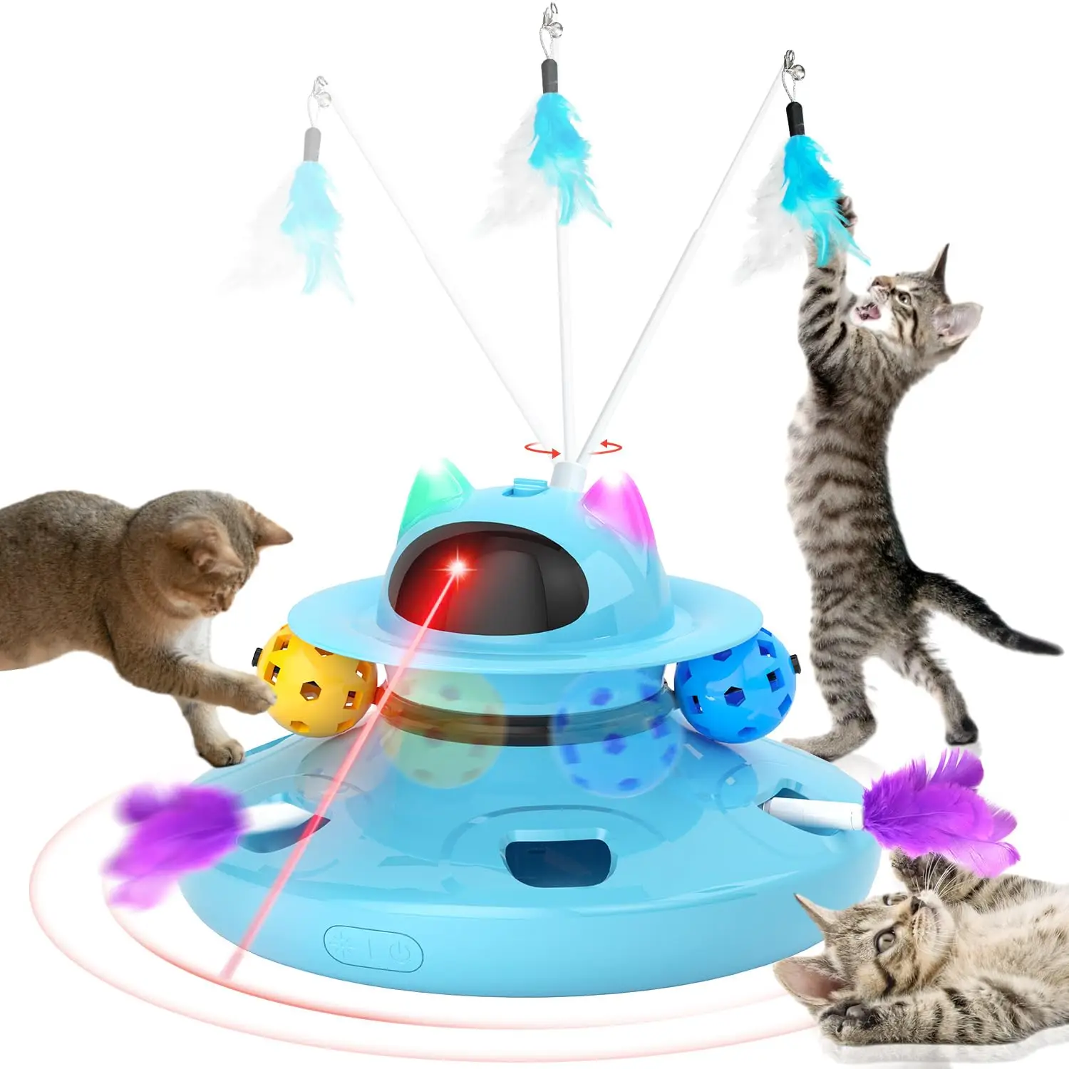 4-in-1 Laser Cat Toys Smart Interactive Electronic Exercise Kicker Toy for Indoor Cats Kitten Flying Feathers Track Balls