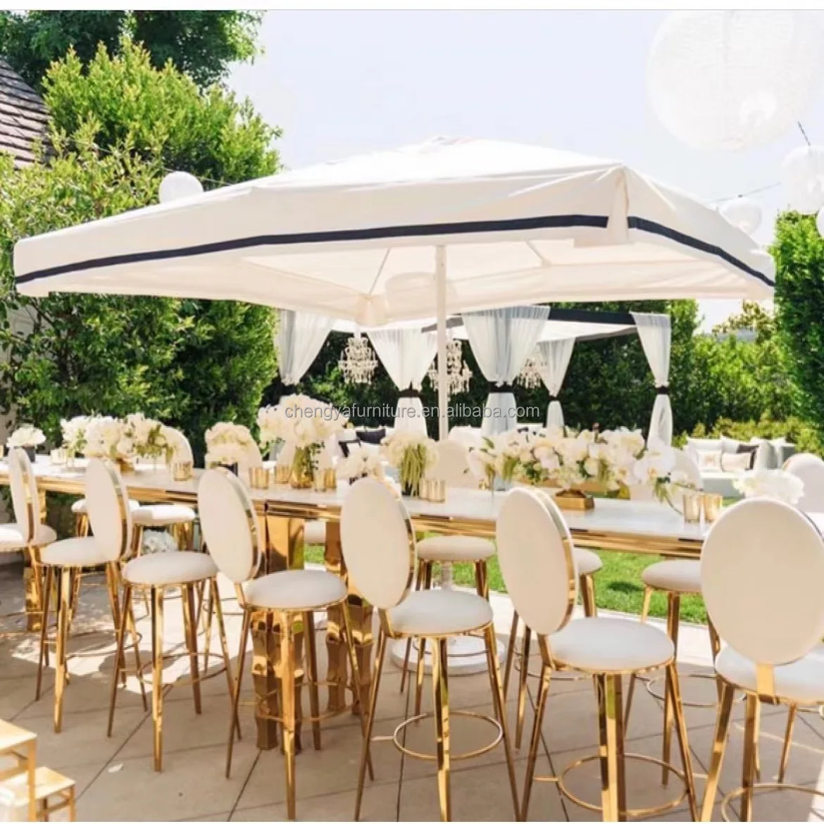 Party furniture gold stainless steel metal glass top bar table and stool set