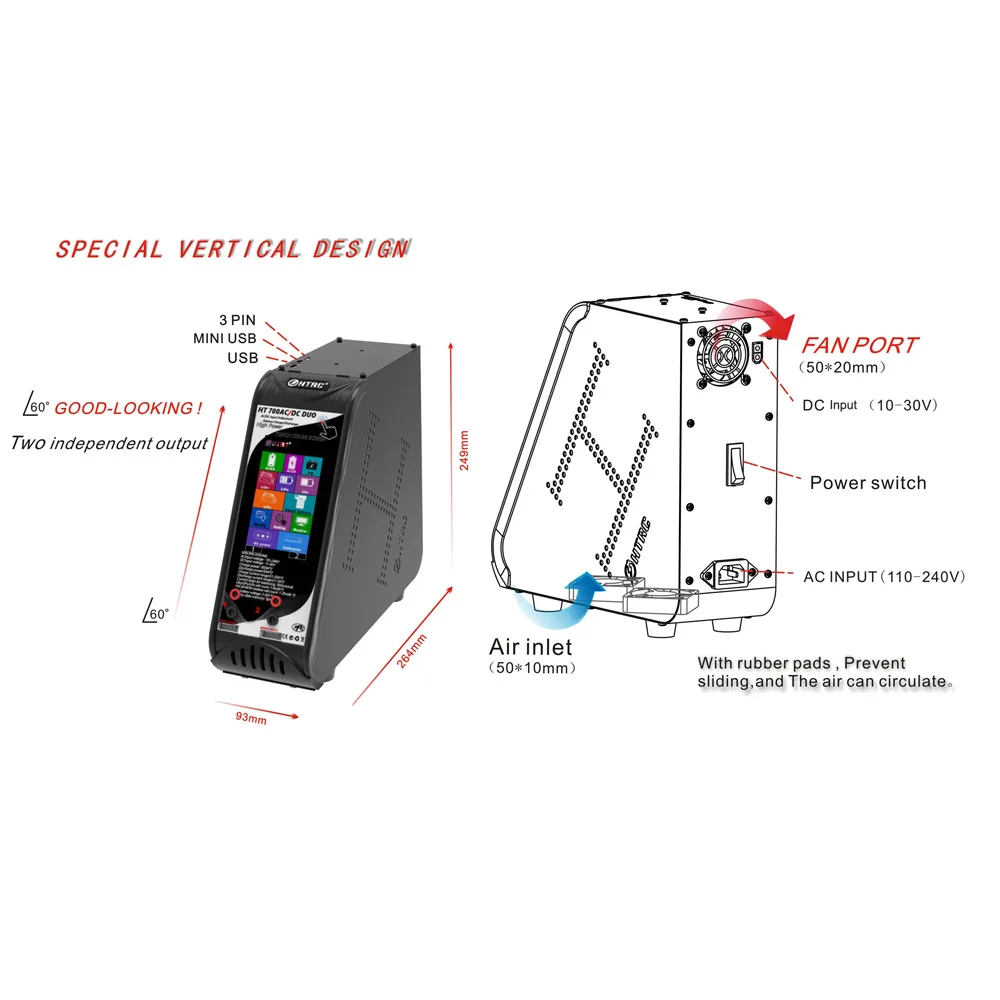 HTRC HT700 DUO AC/DC 350W*2 20A*2 Dual Port Vertical RC Toy Lipo Battery Balance Charger Discharger For 1-8s Lilon/LiPo Battery