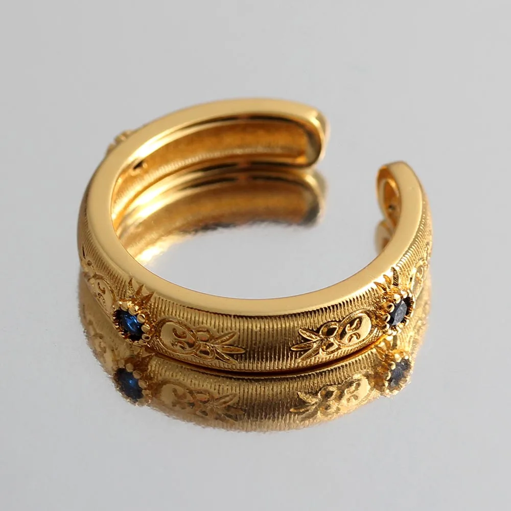 Palace Medieval Carved Brushed Inlaid Small Round Diamond Adjustable Women Ring