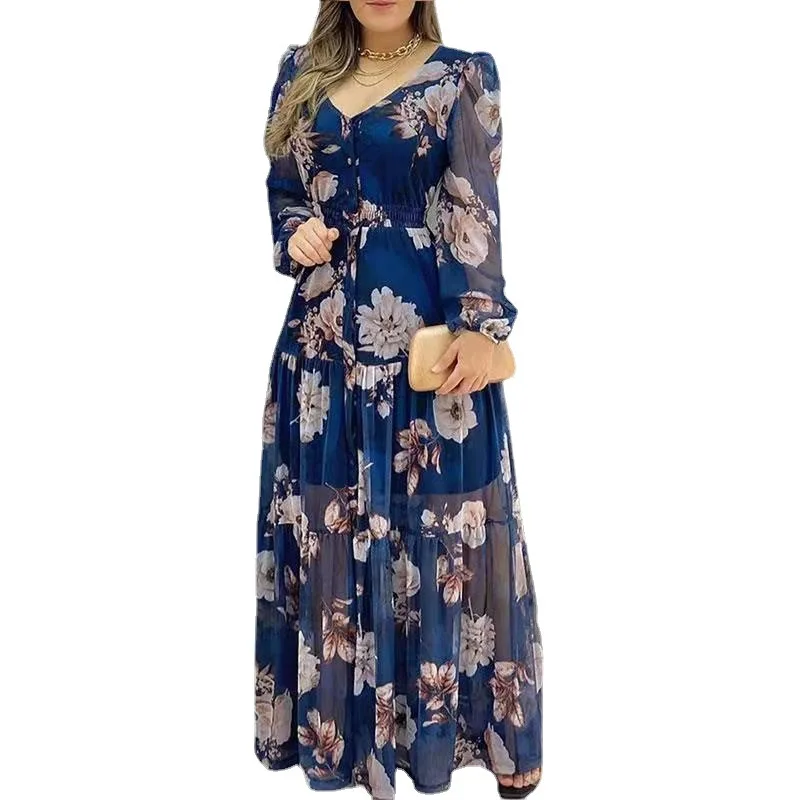 Fashion Women Spring Autumn Long Floral Dress Europe Court Printing Elegant High Waist Long Sleeve V-neck Chiffon Casual Dress