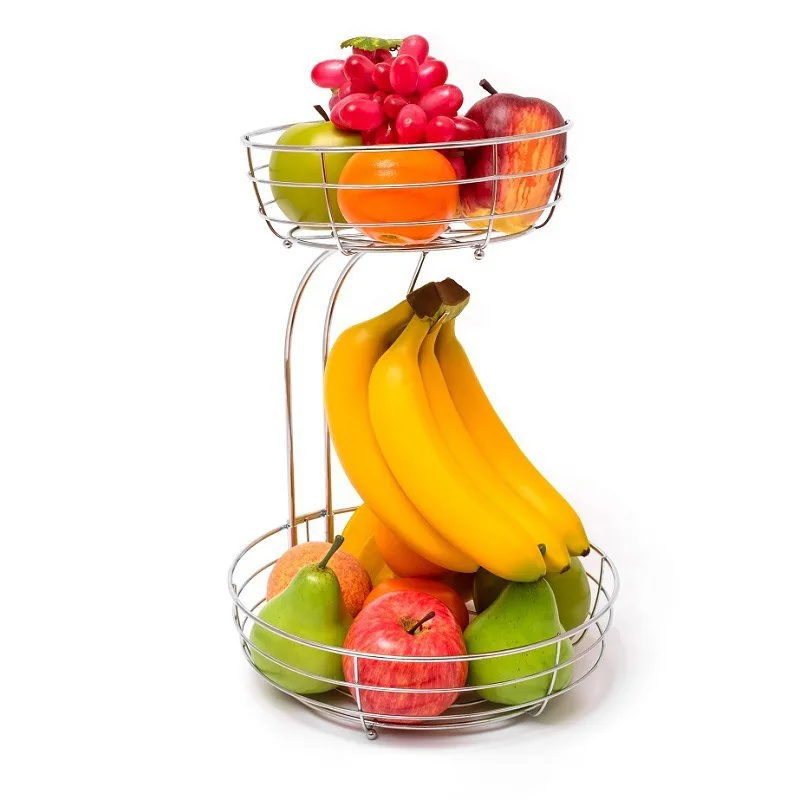 Iron 2-Tier Countertop Fruit Vegetables Basket Bowl Storage With Banana Hanger Black 64 ounces