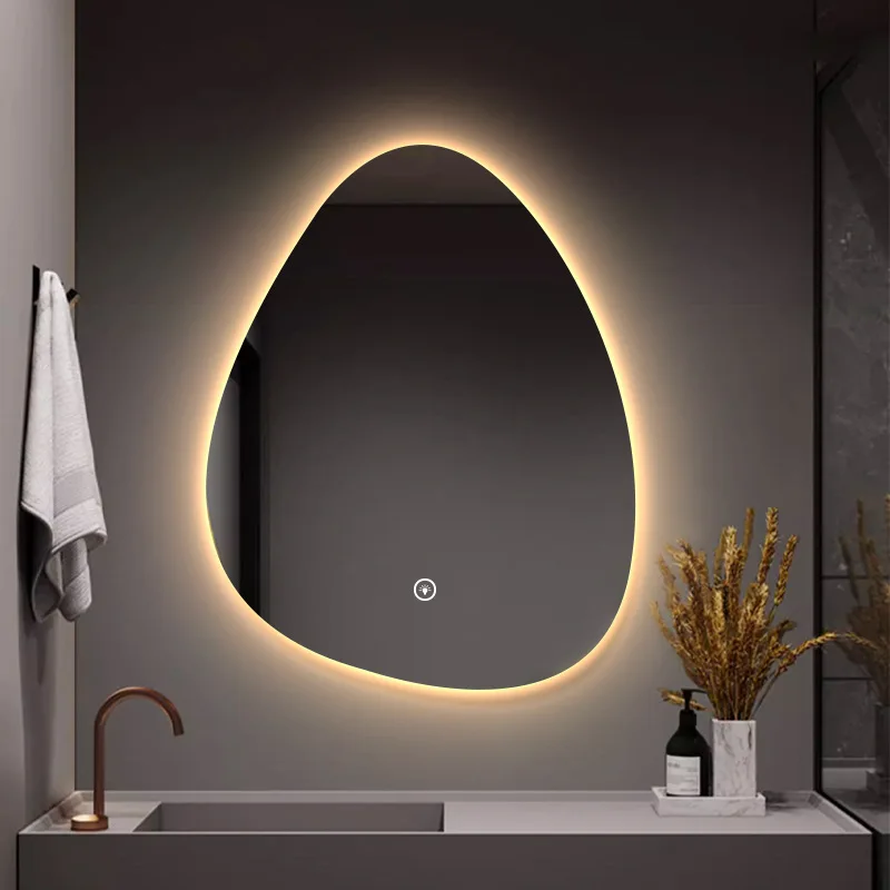 Special-shaped water drop smart touch screen hotel toilet  mirror cosmetic with LED light bathroom wall hanging bathroom mirror