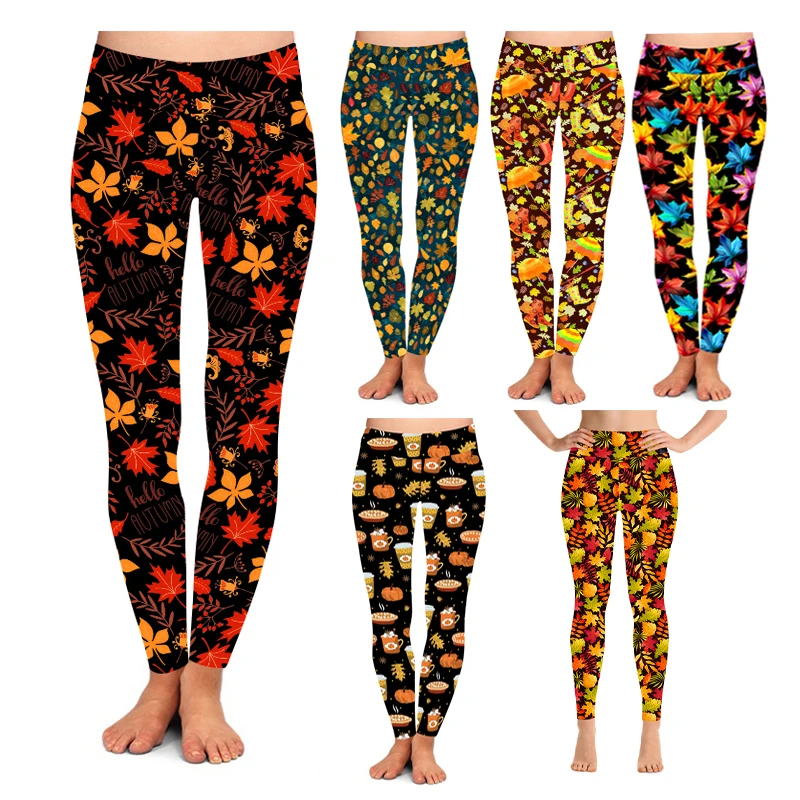 Customized Design Super Soft Skinny Hello Autumn Fall Yellow leaf printed Womens Stretchy Workout Leggings