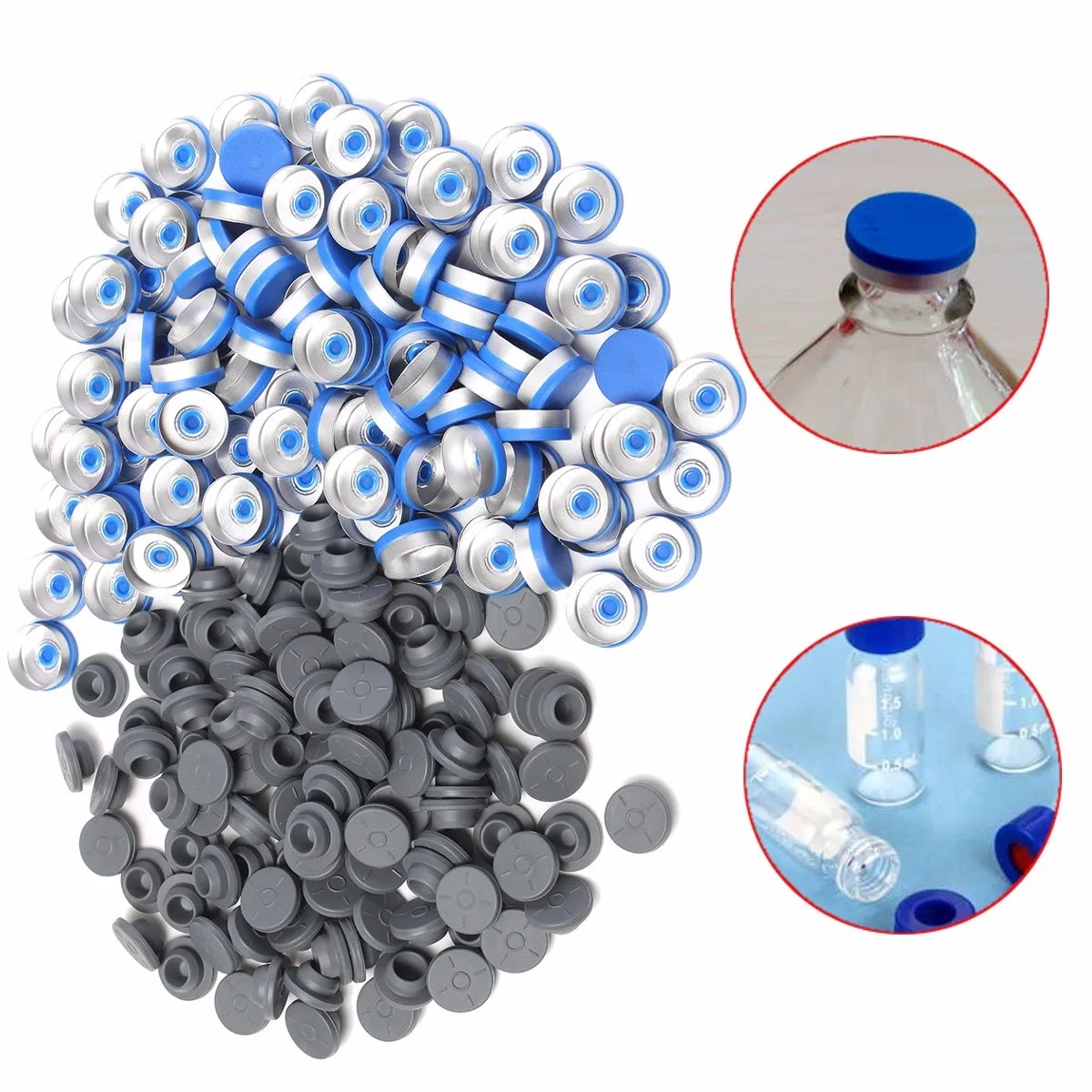 100pcs 20mm Blue Surface 5mm Flat Pharmaceutical Aluminum Plastic Combination Flip Cap Seal with Rubber Stopper