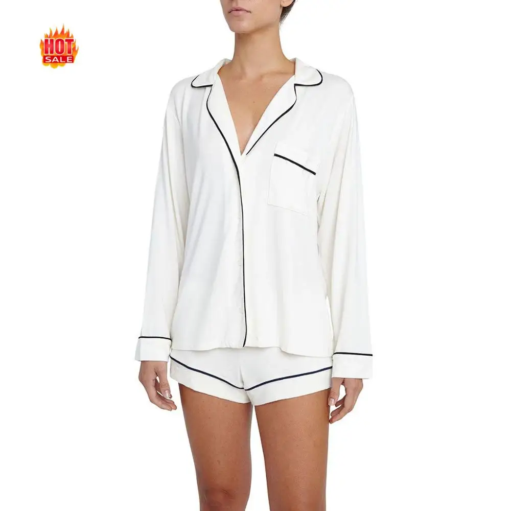 
OEM Button Closure Short Pajamas Satin Long Sleeves Custom Silk Nightwear Pajamas 