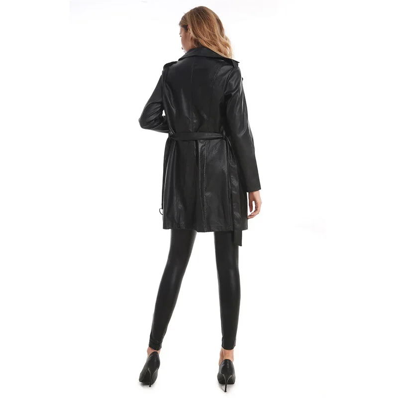 Sidiou Group Womens Long Winter Leather Coat Windbreaker Slim Fit Jacket With Belt Pu Biker Jacket