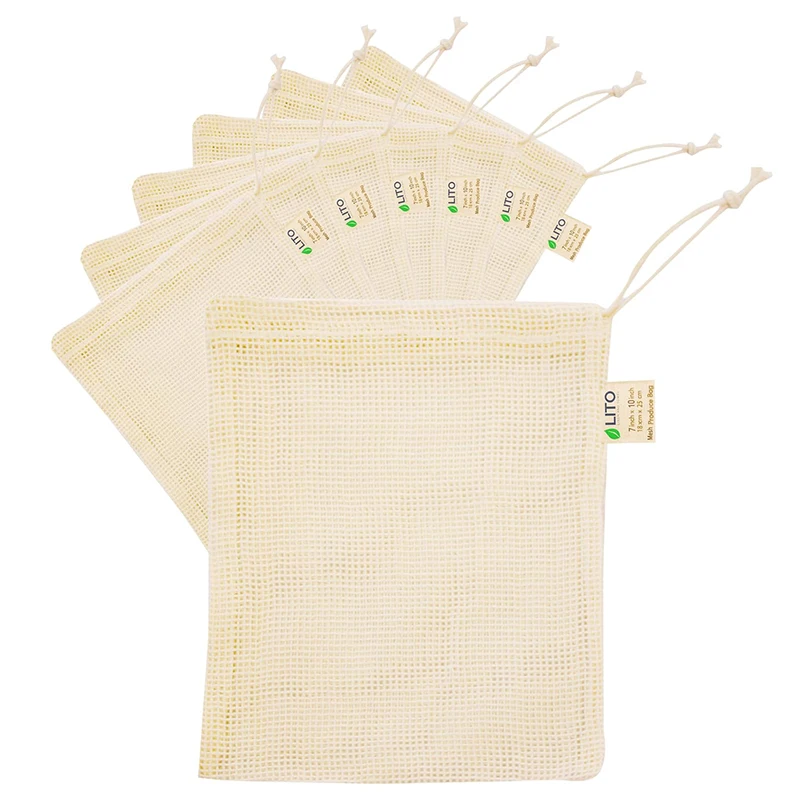 Organic Cotton Mesh Biodegradable Zero Waste Grocery Bag - Doubled Stitched Seams with Drawstring and Tare Weights