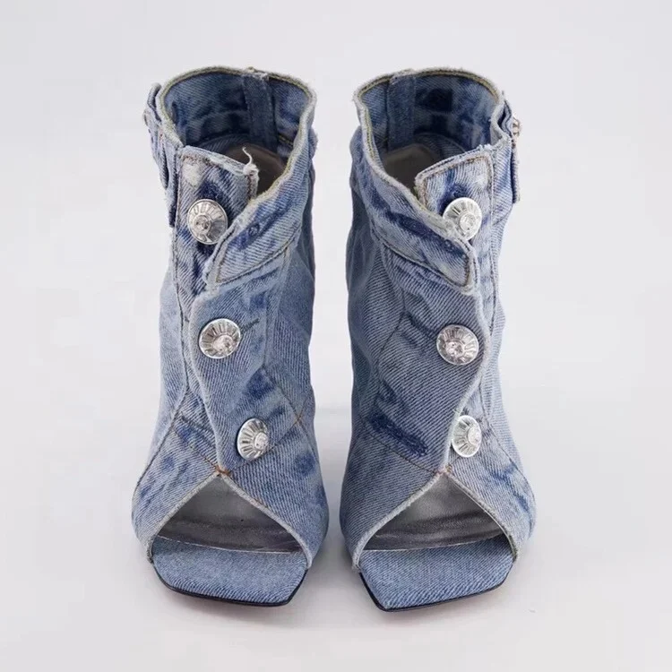 Summer Square Open Toe High-Heeled Short Boots Denim Ankle Booty Women Stiletto Sandals Front Buckles Jeans Shoes