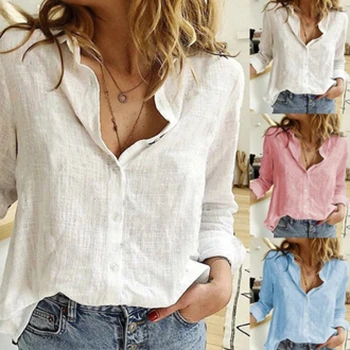Wholesale Stylish  White Cotton Linen Shirts Women Linen Shirt Blouse 100% Linen Shirts For Ladies