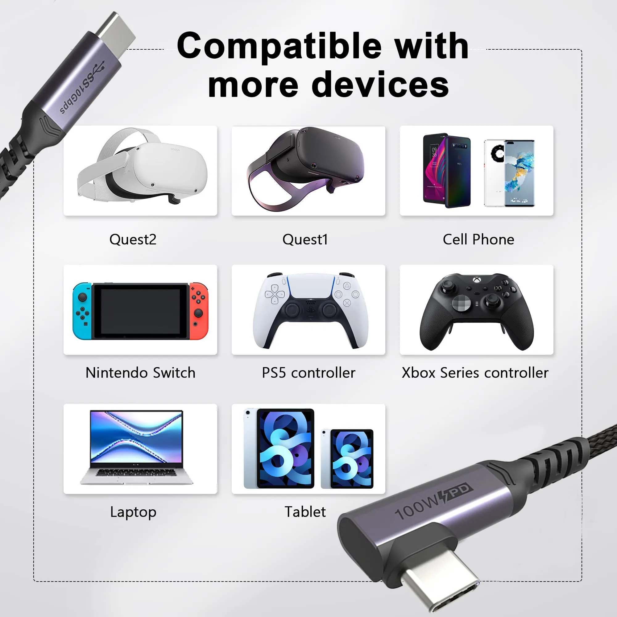 100W 90 Degree L Type Elbow Fast Charging Zinc-Alloy Usb C Data Cable Right Angle Fast Data Sync Charger Cable For Mobile Phone