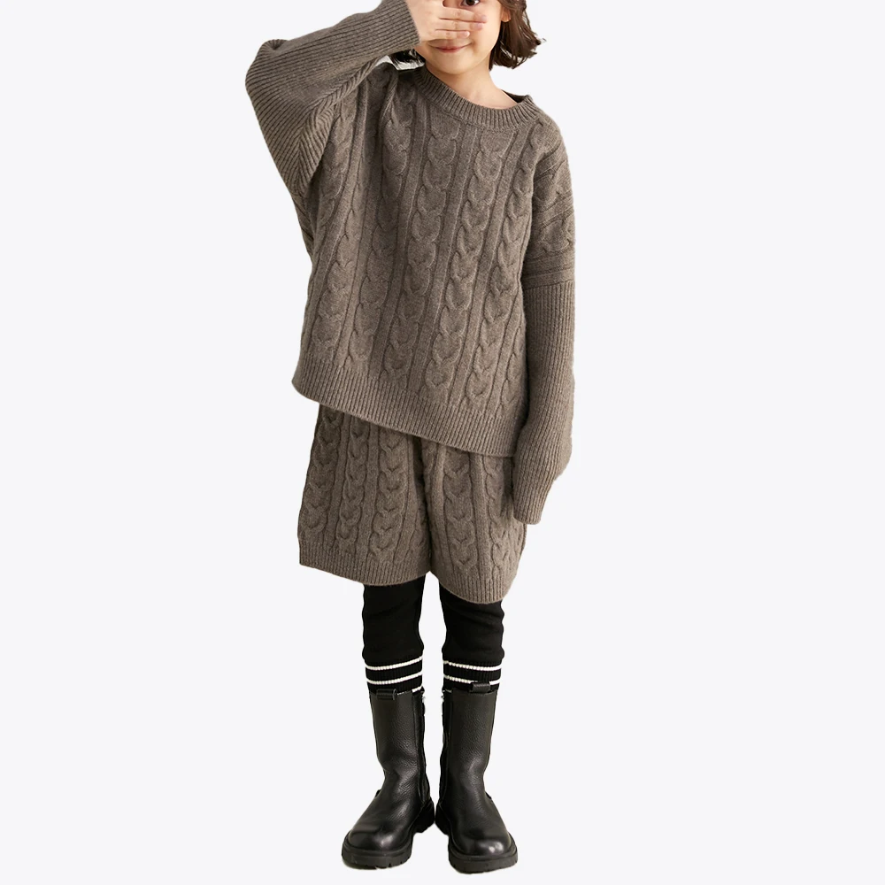 
Hot sale plain brown simple style children sweater shorts knitted set 