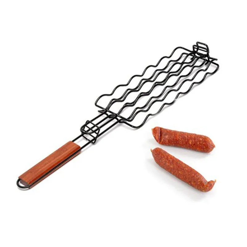 Non-Stick Sausage Grilling Basket Metal Mesh Adjustable Sausage Rosewood Handle Grill Rack for Barbecue Tools