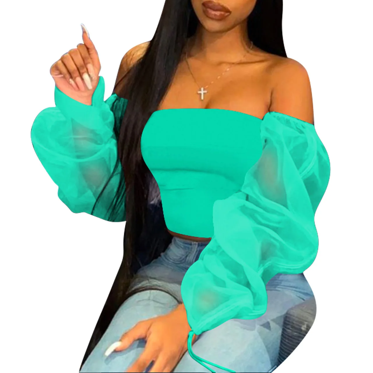 2022 Summer Streetwear T Shirt Solid Women Long Sleeves Fashion Sexy Strapless Top T-Shirt Sexy Women Mesh T Shirts