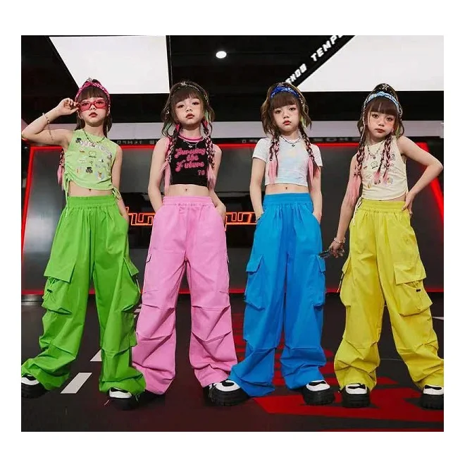 New fashion teen girls solid pocket cargo pants girls casual dancing pants