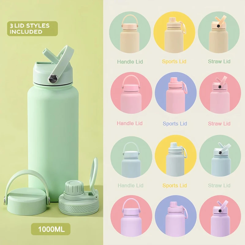 1L Insulated Water Bottle With Flip Straw 32OZ Stainless Steel Sports Water Cup Flask with 3 Lids Wide Mouth Travel Thermal Mug