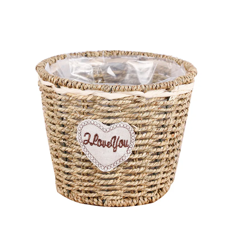 handmade straw braid woven flower basket with plastic liner/wholesale straw grass rope flower gift basket with plastic liner