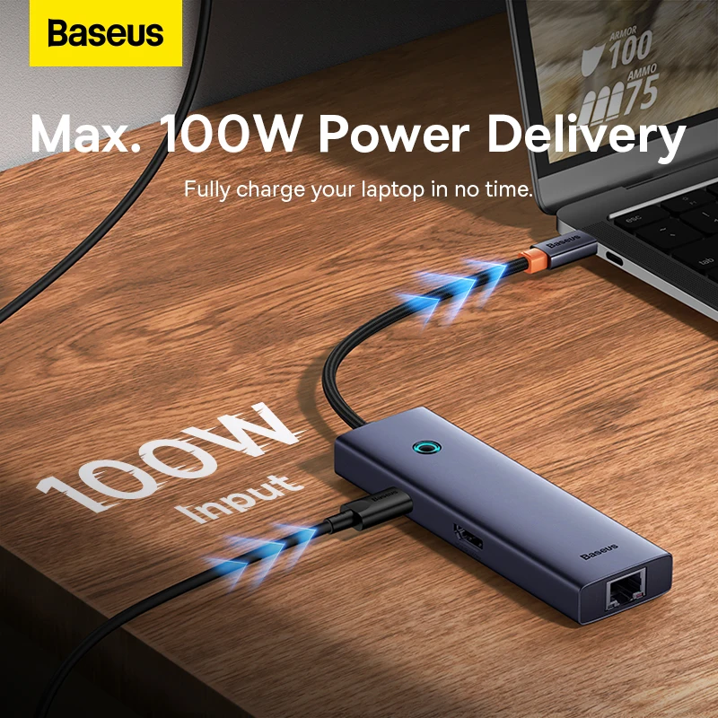 Baseus 4K 30Hz USB C Hub 3.1 USB 3.0 PD 100W Adapter Type C to HD-MI 6-Port HUB Docking Station