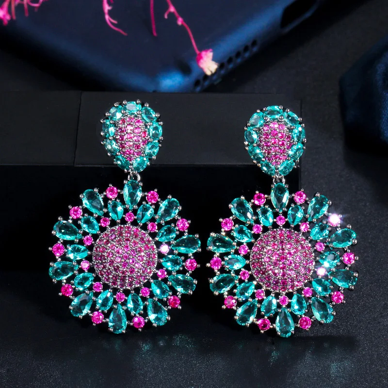 Aesthetic Brazilian Hot Pink and Green Cubic Zirconia Crystal Big Dangle Drop Flower Party Earrings for Women