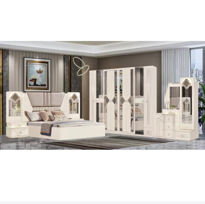 2022 newest luxury 8 doors super king size bedroom set luxury high gloss LED lighted oversized mirrored bedroom furniture