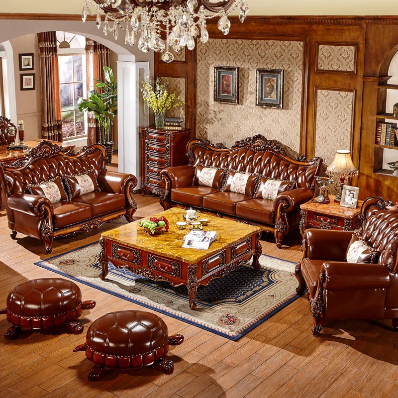 European leather sofa solid wood carved flower head layer cowhide high-grade American sofa