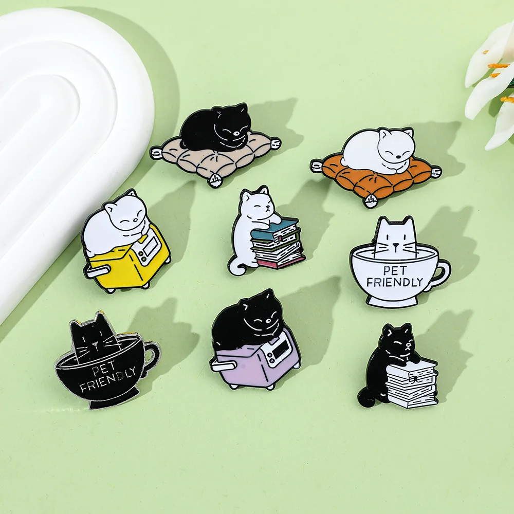 Cute cartoon cat badge reading a book drinking coffee cute cat cat custom alloy oil drop pin
