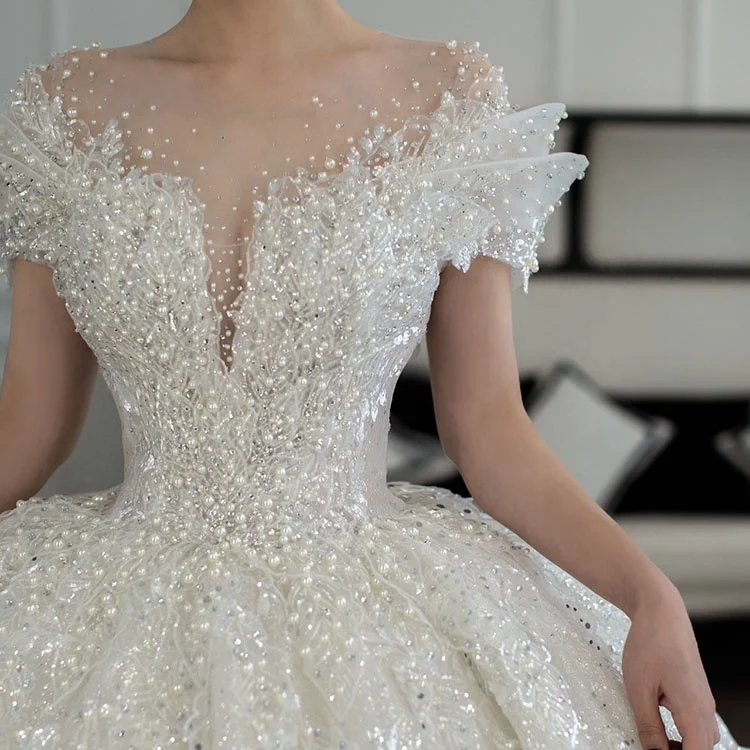 Dubai Sparkly Sexy V Neck Wedding Dresses Long Sleeve Luxury Full Beading Bridal Gowns Custom Made Vestidos De Novia