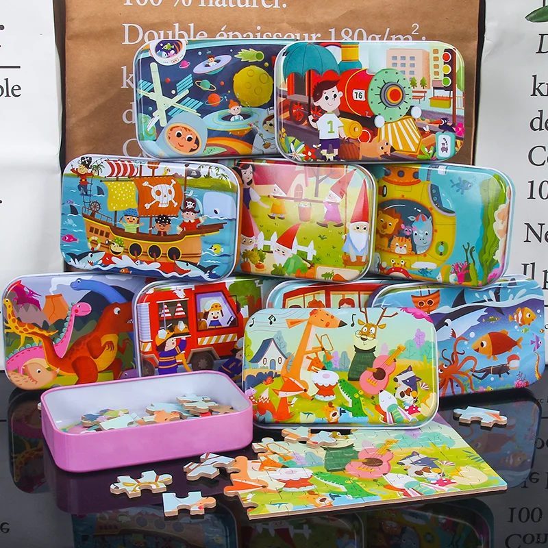 60 pcs wooden puzzle Metal box children educational Jigsaw Puzzle Iron Box  early education wooden toys