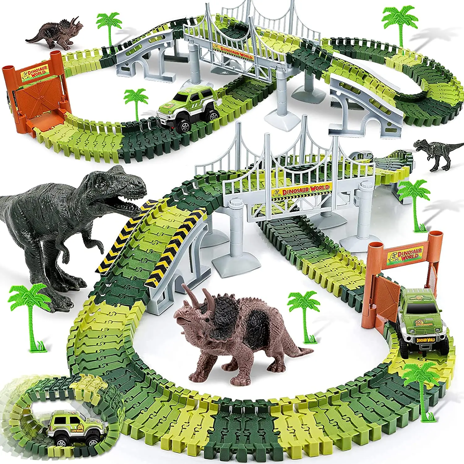 Hot-selling dinosaur car toys 142 pieces dinosaur world road racing flexible track toy set