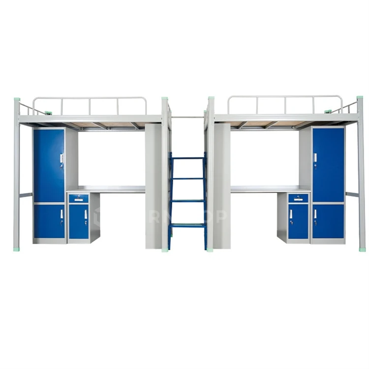 Twin Platforms Steel Loft Bed Metal Bunk Bed With Built-In Desk For Dormitory Bedroom Boys Girls Adults