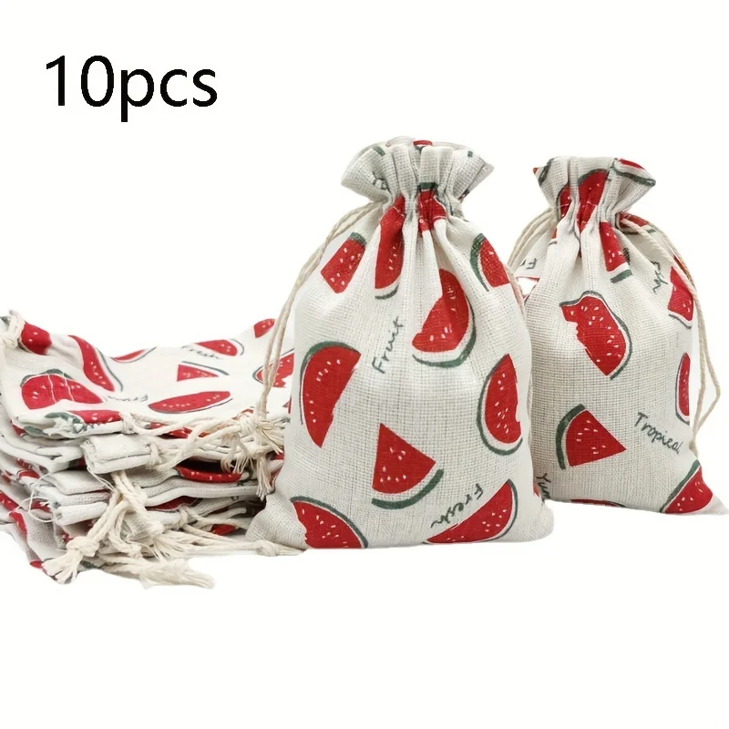 Summer Watermelon Drawstring Gift Bag Recyclable Cotton Party Favor Bag with Melon Pattern for Summer Decorations