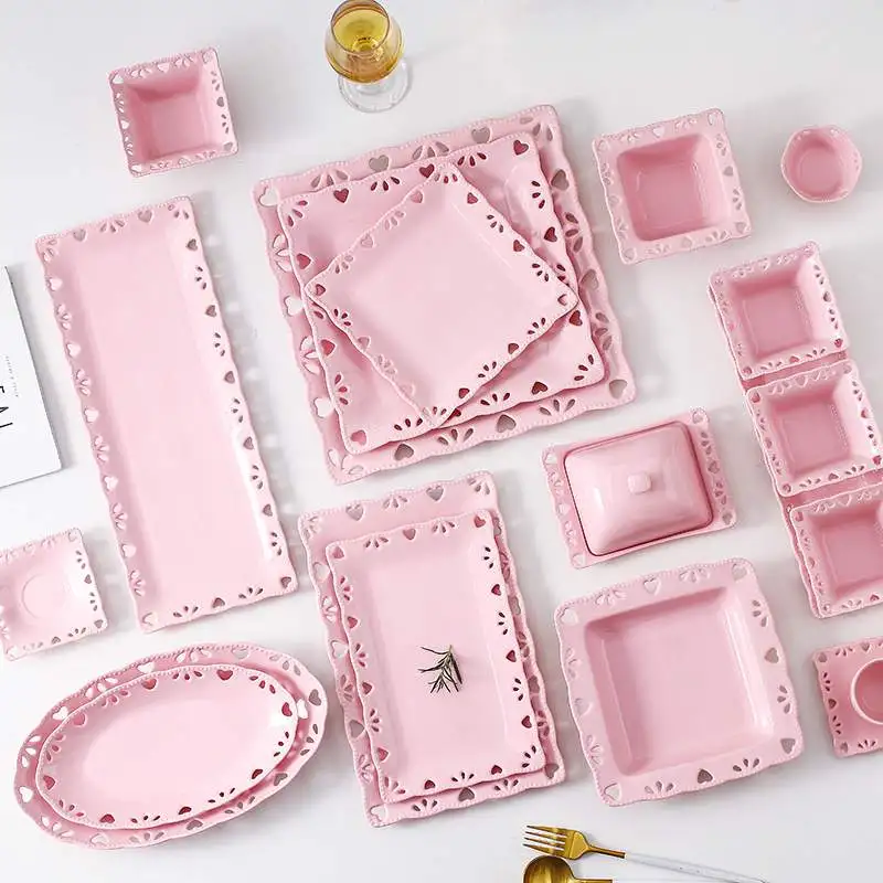 Hot Sale Factory Direct Classic French Hollow-out Dinner Set Ceramic Wedding Dinner Sets Square Pink Porcelain Plates Sets