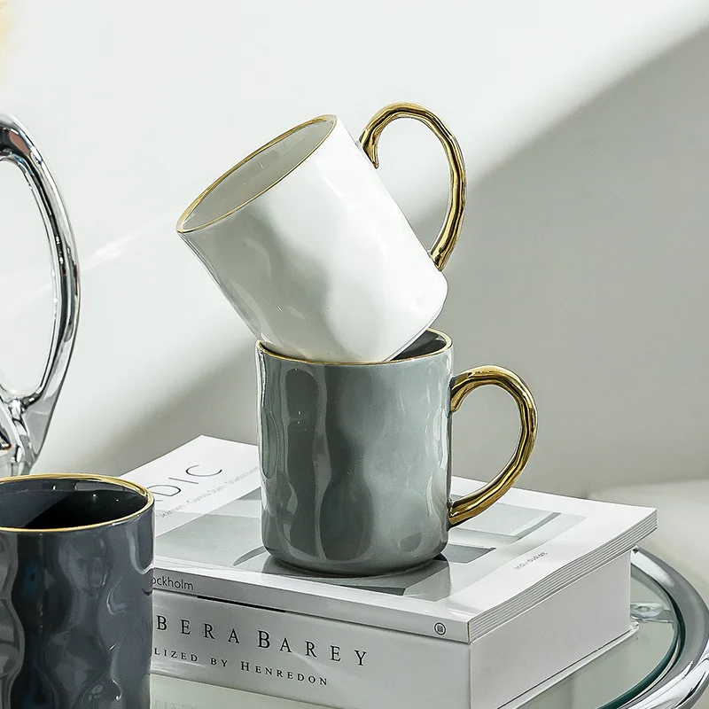 Wholesale cheap Nordic espresso couple cups solid color glazed ceramic coffee mug with golden rim