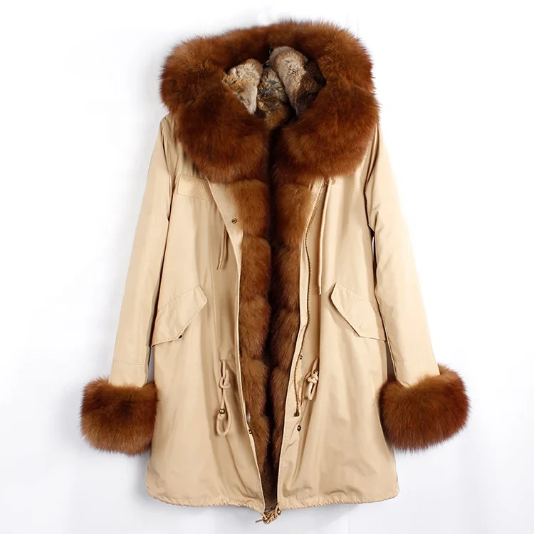 2021 New Style Trendy Winter Women Genuine Fox Fur Long Trench Coat Ladies Parka Jackets Plus Size