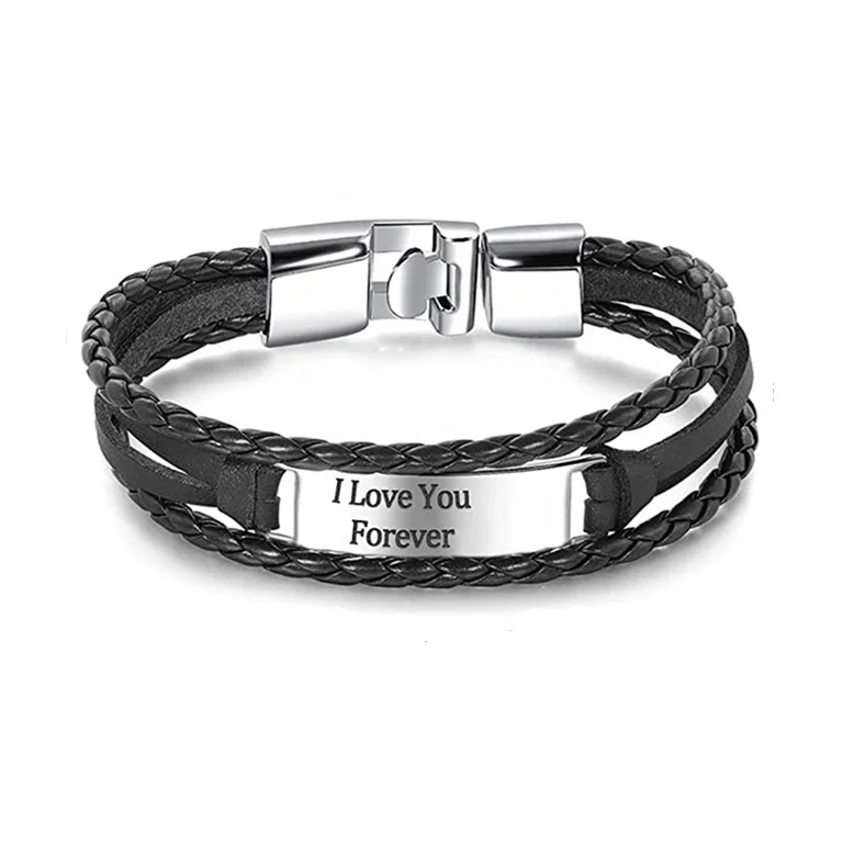 Индивидуальные персонализированные мужские браслеты, мужской гравированный кожаный браслет из нержавеющей стали, персонализированный браслет подарок для отца