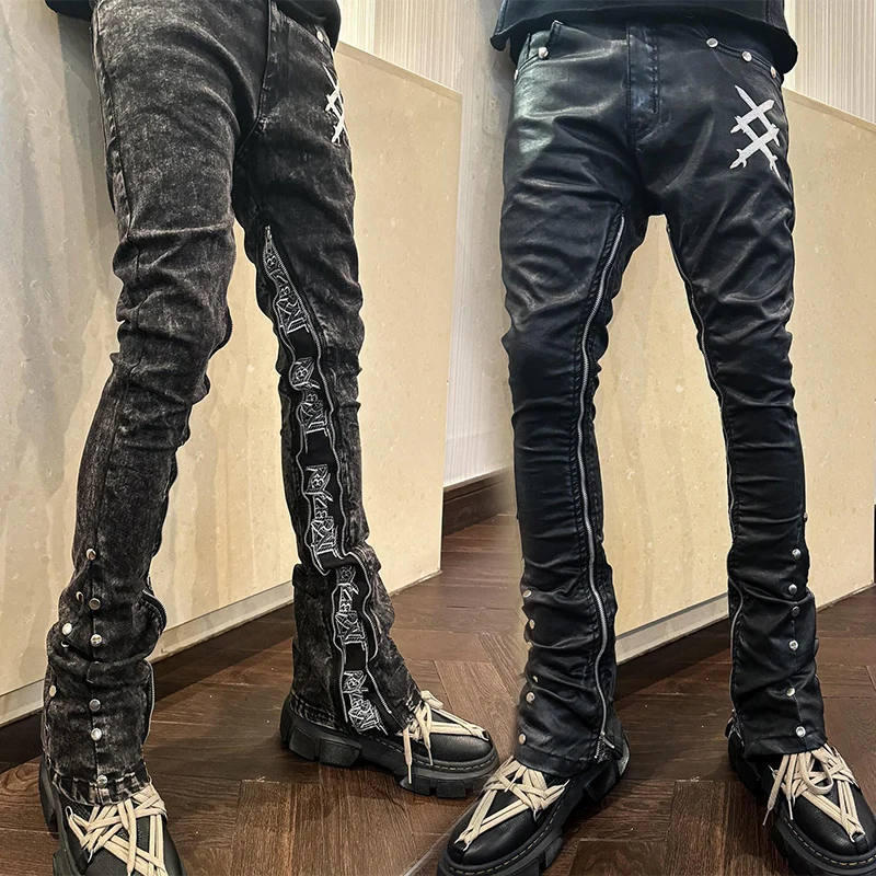 Custom Skinny Fit Elastic Streetwear Zipper Pu Flare Sweat Trousers Embroidery Lace Up Faux Leather Stacked Pants For Men