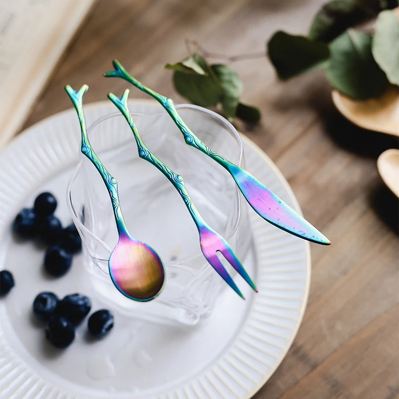 metal tree branch shape mini knife fork spoon travel cutlery set of 3pcs black camping silverware set