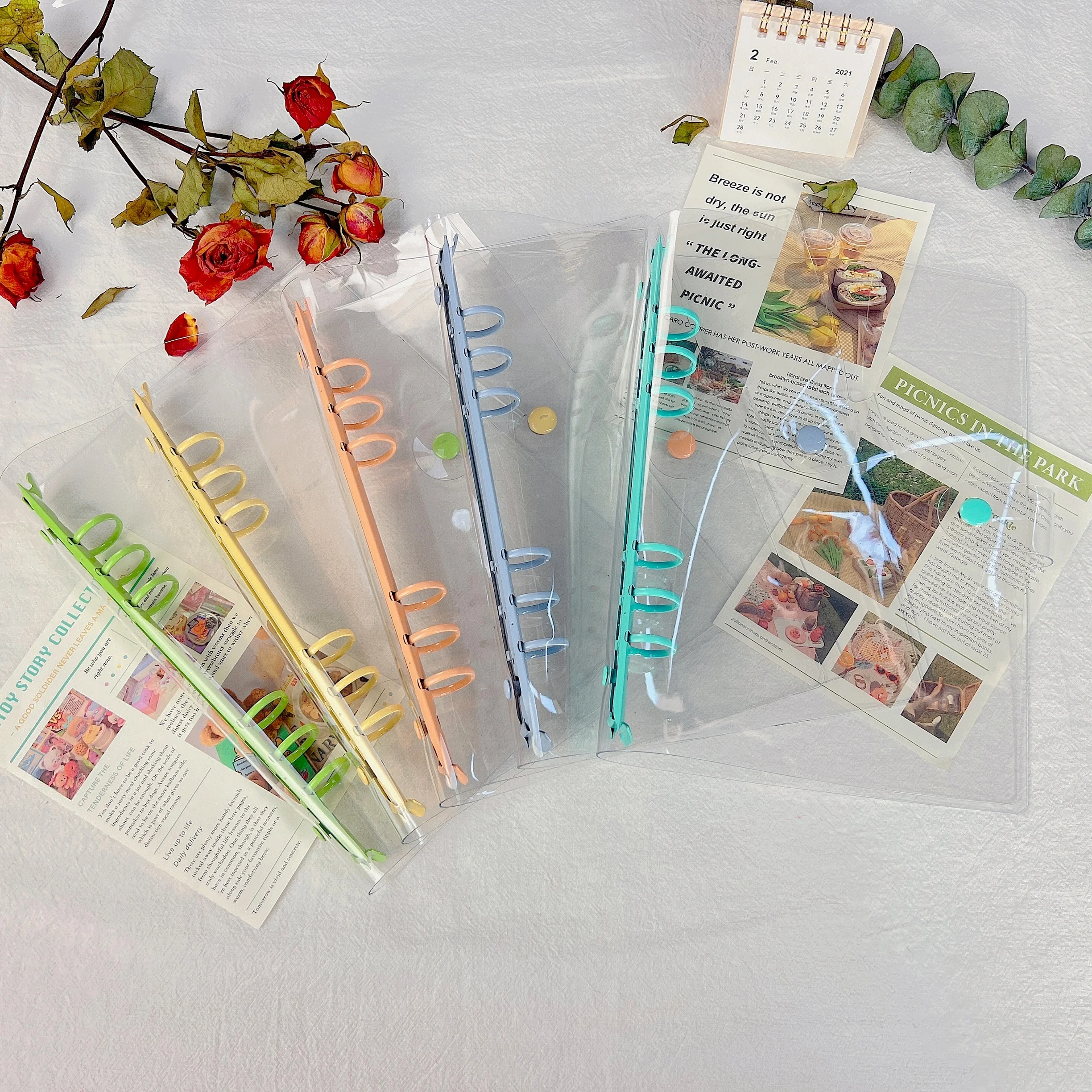 Personal a5 a6 size 6-ring pocket size clear binder covers transparent soft pvc notebook round ring binder cover protector snap