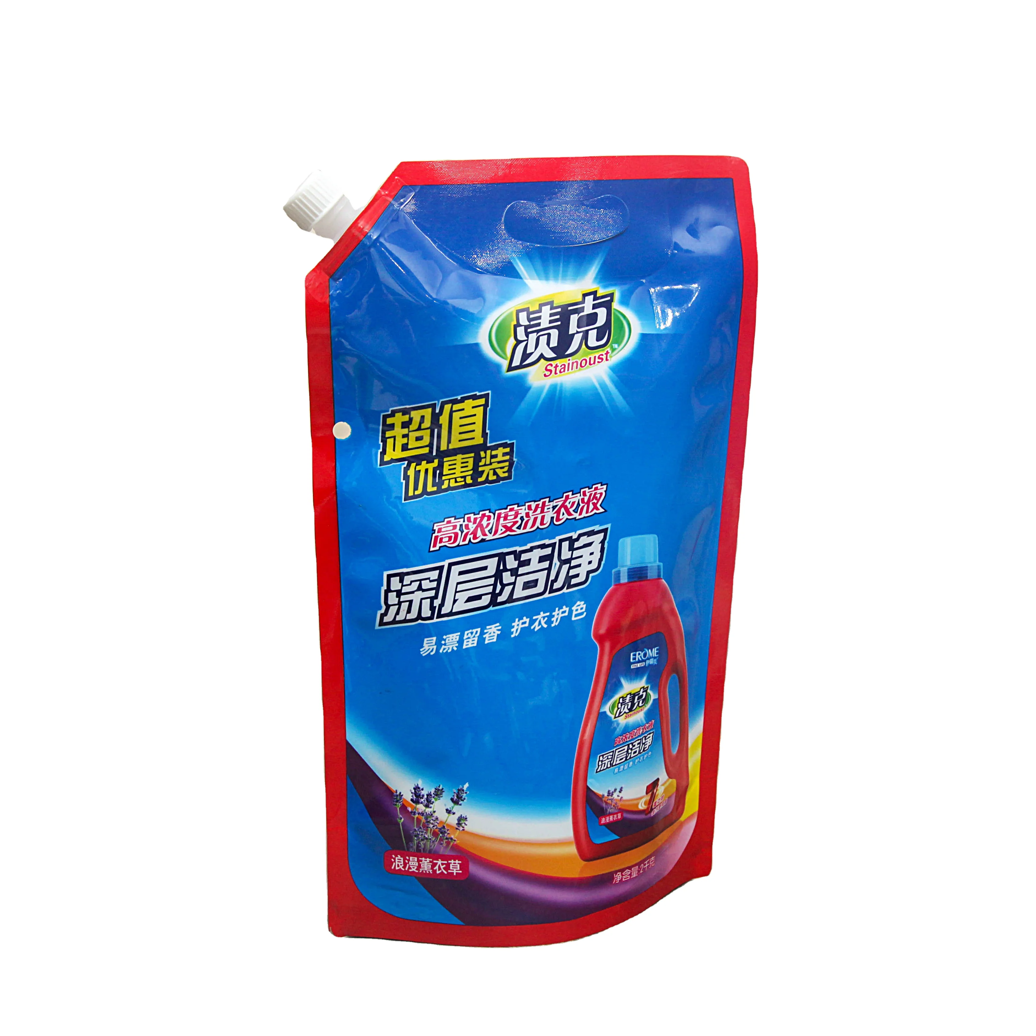 Custom printed 1 kg dertergent spout bag stand up pouch for liquid packaging with resealable spout on side
