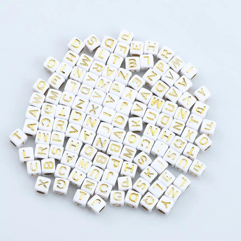 Cube Shape With Large Hole 6*6mm Gold Colored Letters Acrylic Alphabet Beads Wholesales