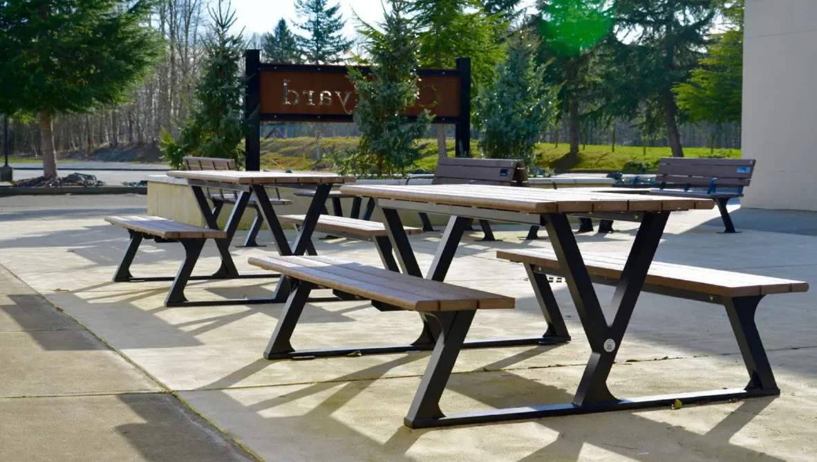 Outside Commercial Patio Hotel Restaurant Wooden Table Bench Modern Dining Outdoor Garden Street Picnic Table