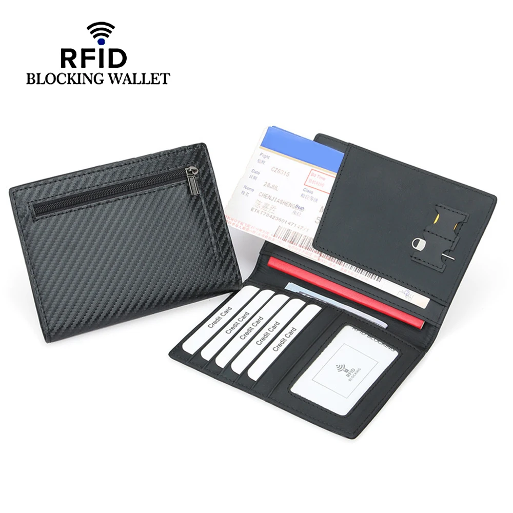 Large Capacity All in One RFID Blocking Carbon Fiber Pattern Microfiber and Genuine Leather Travel Passport Holder Cover Wallet