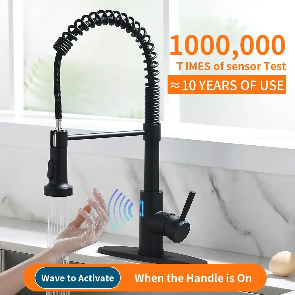 Touchless Kitchen Faucet with Pull Down Sprayer LED Light Single Handle Kitchen Sink Faucet Motion Sensor Smart Hands-Free Black