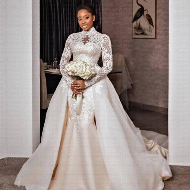 2 in 1 African Mermaid Wedding Dresses Bridal Gowns High Neck Long Sleeves Lace satin bride dress
