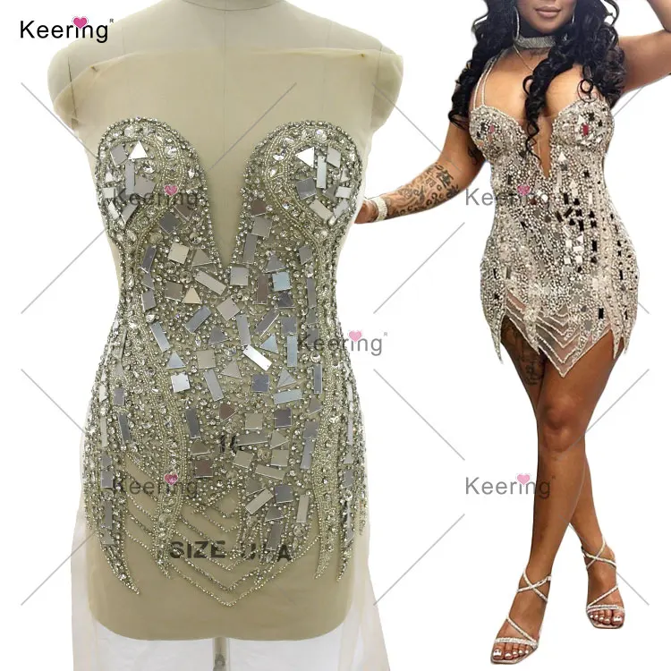 WDP-445 Keering Great Quality Crystal Silver Ladies Dress Appliques Gorgeous Mirrored Bead Rhinestone Bodice For Mini Club Dress