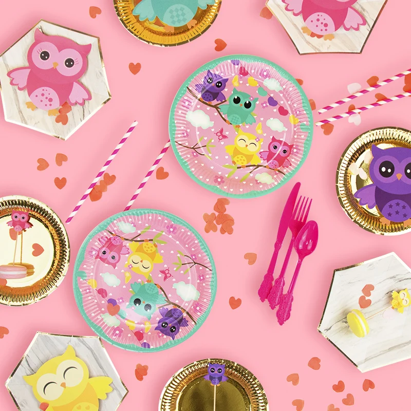For 8 Guests-Party Supplies Owl Theme Tableware Sets Disposable Paper Plates Cups Napkins Kids Girls Birthday Wholesale