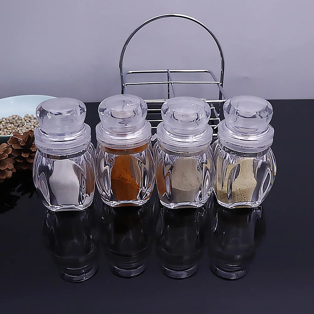 4 Pack Spice Jars Condiment Bottle with Organizer Rack ,Acrylic Countertop Herb and Spice Rack Organizer